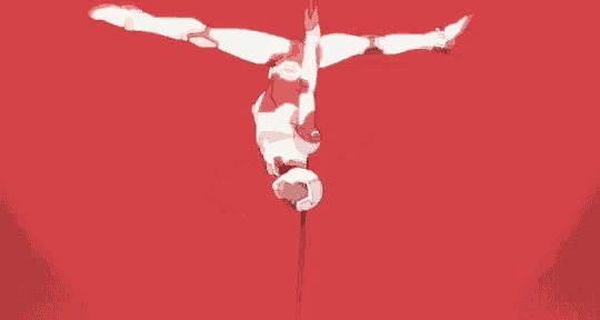 a cartoon character is flying through the air with a red background .