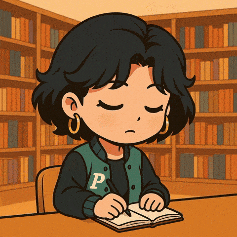a cartoon girl with the letter p on her jacket