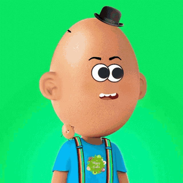 a cartoon character wearing a blue shirt that says " happy easter "