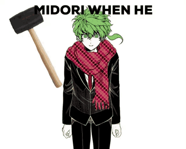 a man with green hair is holding a rubber mallet with the words midori when he below him