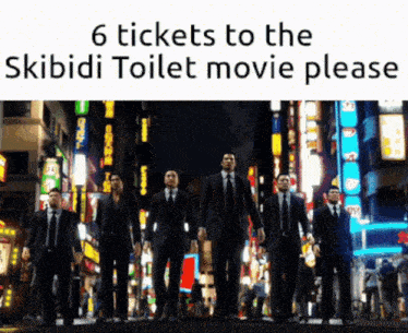 a group of men in suits and ties are walking down a street in front of a sign that says skibidi toilet movie please