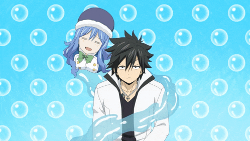 a boy and a girl are standing next to each other with bubbles behind them