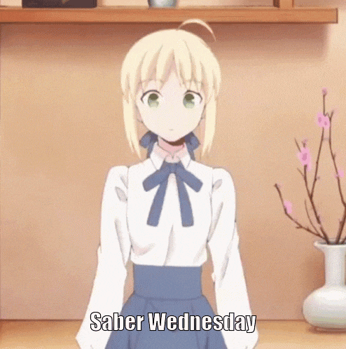 a girl in a white shirt and blue skirt is standing in front of a vase with flowers and says saber wednesday