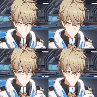 a collage of four images of a blonde anime character with blue eyes
