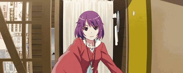 a girl with purple hair and a red jacket is standing in a doorway