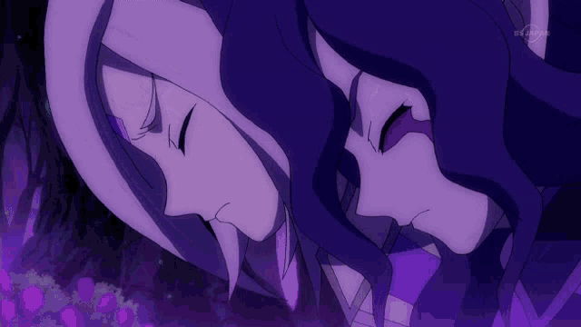 a couple of anime characters with purple hair and a purple background that says ' tokyo ' on it