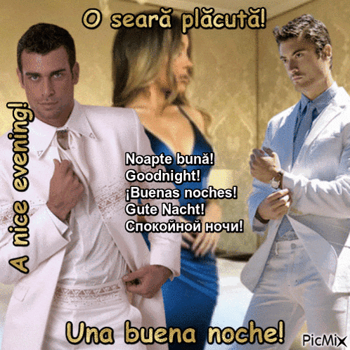 a man in a white suit and tie is standing next to a woman in a blue dress and says a nice evening