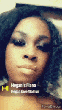a close up of a woman 's face with megan 's piano megan thee stallion written on the bottom