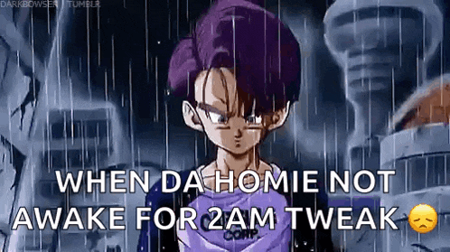 a cartoon character with purple hair is standing in the rain and says `` when da home not awake for 2am tweak ''