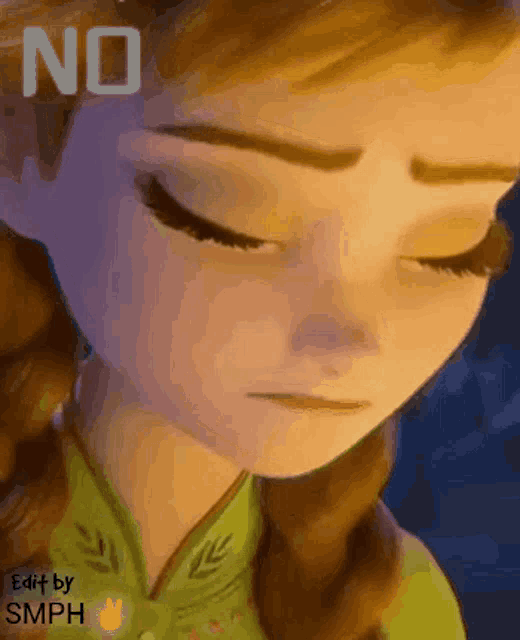 a close up of a girl 's face with the words " no " on the bottom