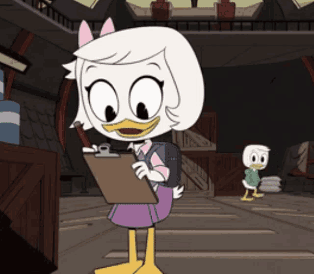 a cartoon character is holding a clipboard with a pen in her hand