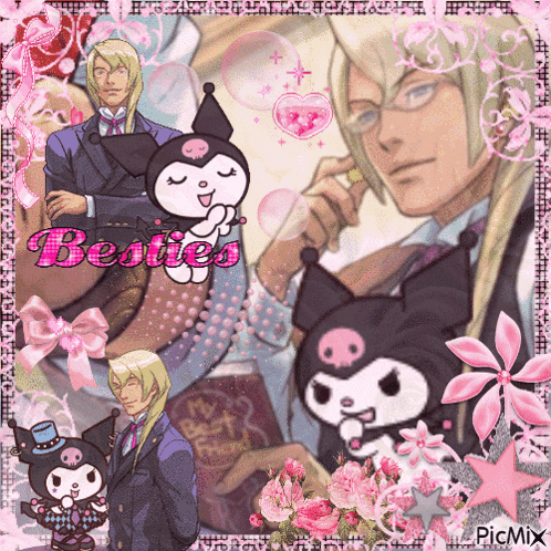 a picture of a man with a hello kitty and the word besties on it
