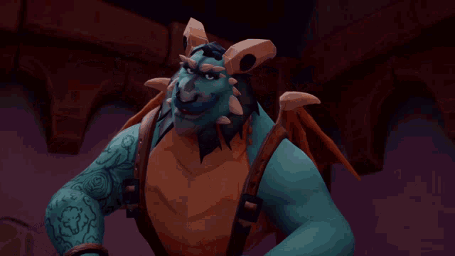 a video game character with a beard and a blue face