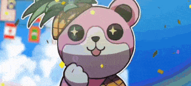 a pink teddy bear with a pineapple on its head is smiling .