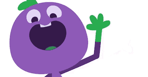 a cartoon illustration of a purple eggplant with a green leaf on its head waving .