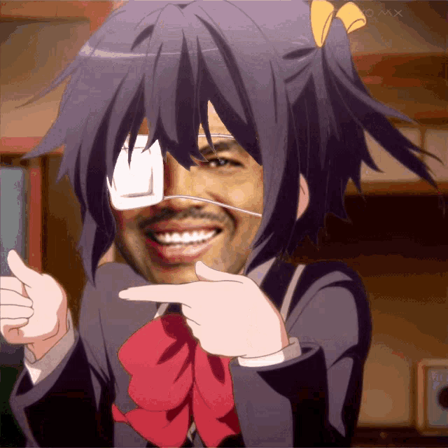 a man with a bandage on his eye is making a funny face