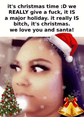 a woman wearing a santa hat with a christmas tree and bells in the background