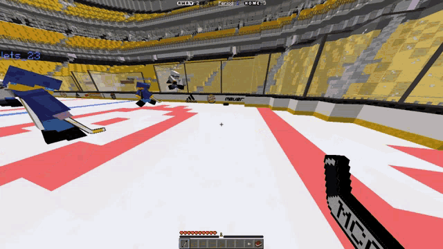 a hockey game is being played in a minecraft stadium