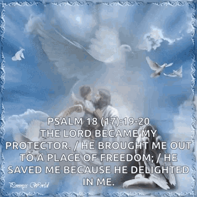 jesus is kneeling down with a child in his arms in the clouds .