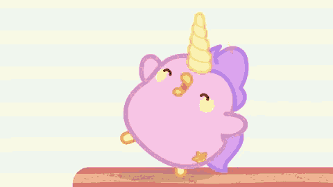 a cartoon unicorn with a purple mane and horn is standing on its hind legs .