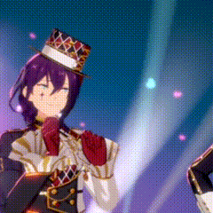 a purple haired anime character wearing a top hat is standing on a stage .