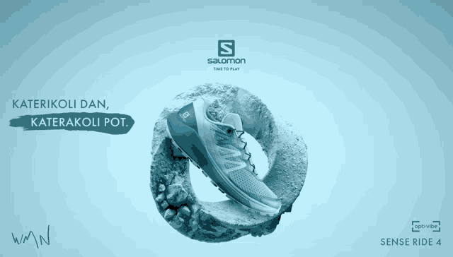 an advertisement for salomon sense ride 4 shows a blue shoe on a rock
