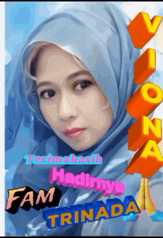 a woman wearing a blue hijab with the name fam trinada on the bottom right