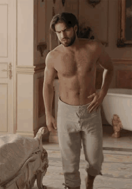 a shirtless man with a beard is standing in a bathroom .
