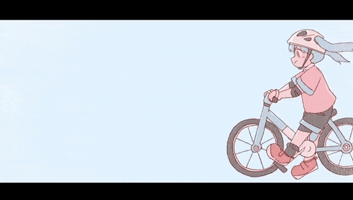 a cartoon girl wearing a helmet is riding a bike .