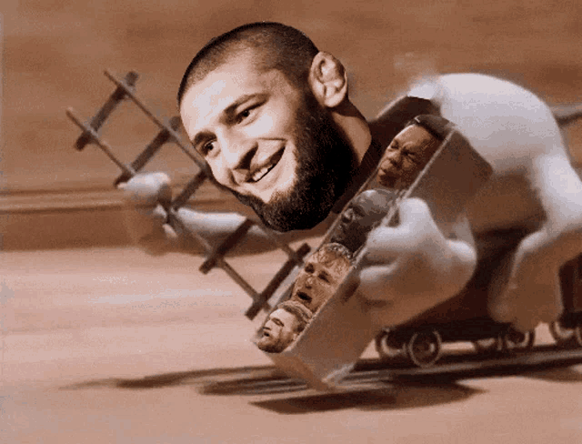 a man with a beard is being pulled by a cartoon figure