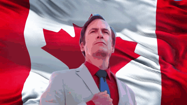 a man in a suit and tie with a canadian flag behind him