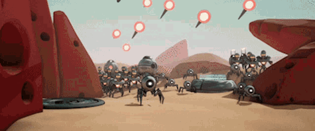 a group of robots are standing in a desert surrounded by rocks and missiles