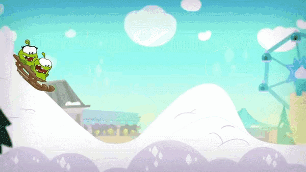 a couple of cartoon characters riding a sled down a hill