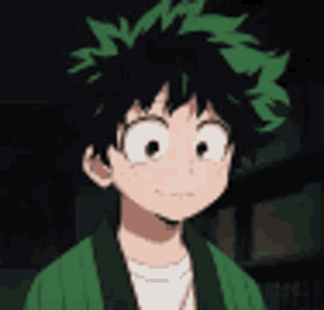 a close up of a person with green hair and a green jacket .