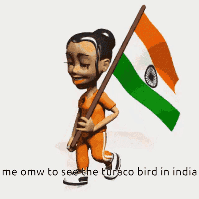 a cartoon girl is holding an indian flag and says me omw to see the turacco bird in india