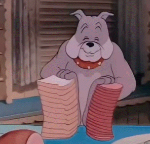 a cartoon dog is holding a stack of sausages on a table