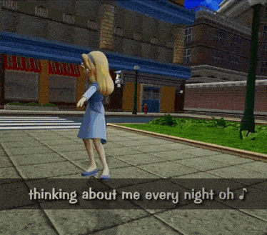a cartoon girl is standing on a sidewalk with the words thinking about me every night oh written below her