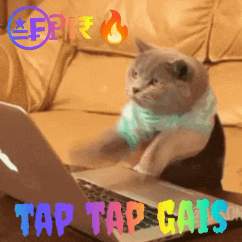 a cat is sitting in front of a laptop with the words tap tap cats written above it