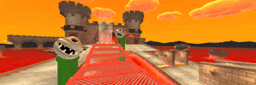 a video game scene with a castle in the background and a red carpet