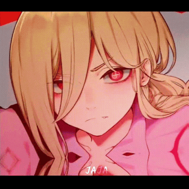 a close up of a blonde anime girl with red eyes and the letters jaja on the bottom