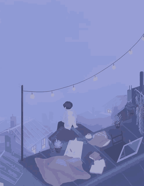 a drawing of a person sitting on top of a roof