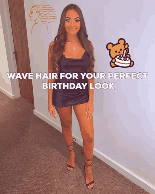 a woman in a black dress is standing next to a teddy bear with a cake on it
