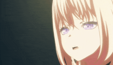 a girl with blonde hair and purple eyes is looking at the camera