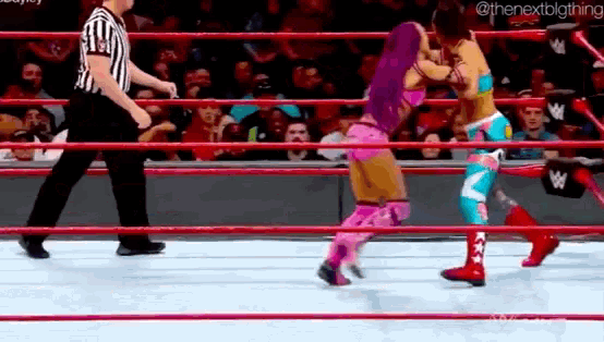 two women are wrestling in a wrestling ring with a referee .