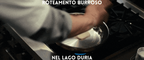 a person is cooking on a stove with the words roteamento burroso nel lago duria