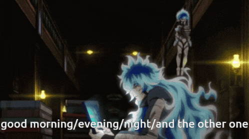 a cartoon character says good morning / evening / night / and the other one in a dark room