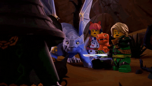 a group of lego figures are standing around a dragon
