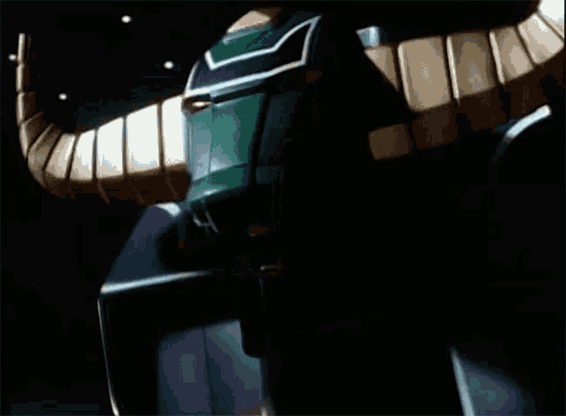 a green and gold robot is flying through the air with smoke coming out of it 's mouth .