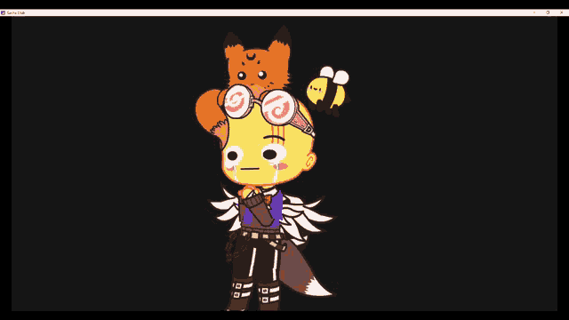 a cartoon of a girl with a bee and a fox on her head asking for please