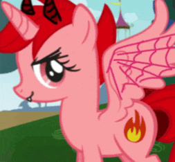 a pink pony with red horns and wings has a flame tattoo on its chest